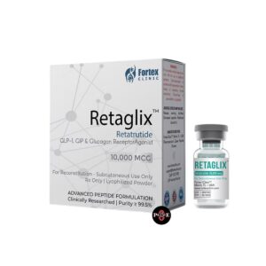 Vial de Retatrutide 10 mg (Retaglix) Fortex Clinic con su caja — Prime Supplements Perú