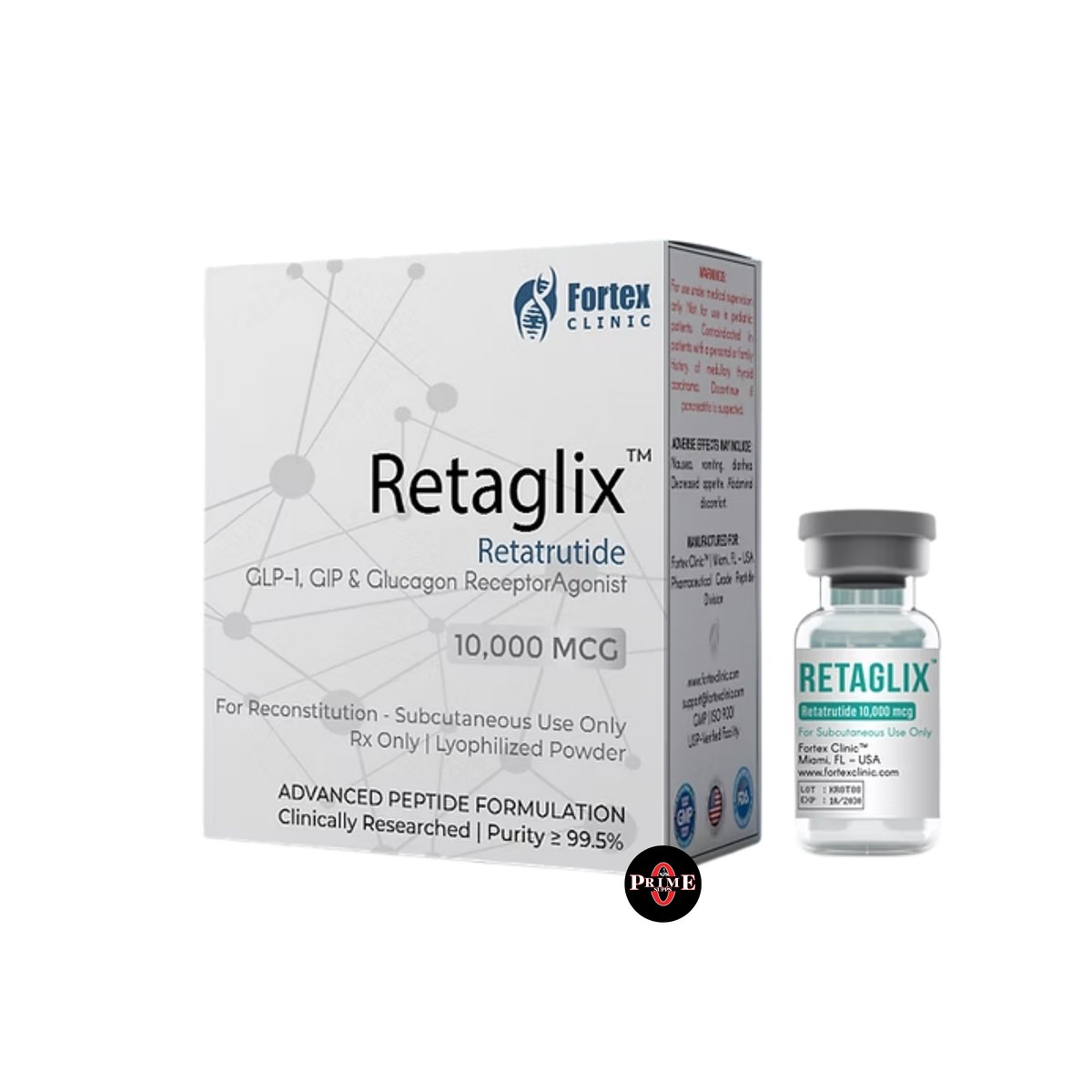 Vial de Retatrutide 10 mg (Retaglix) Fortex Clinic con su caja — Prime Supplements Perú