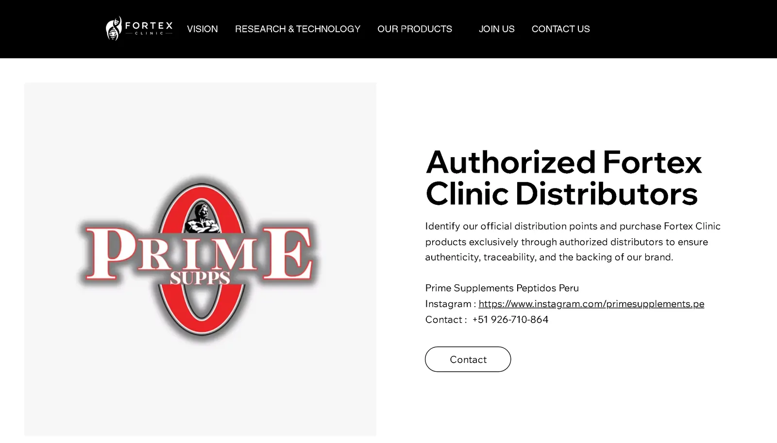 Página oficial de Fortex Clinic con el título Authorized Fortex Clinic Distributors y el logo de Prime Supplements Peptidos Peru