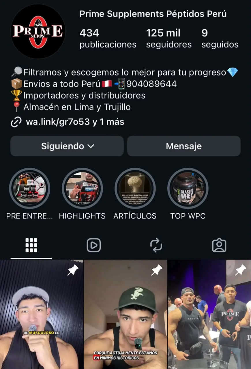 Captura real del perfil de Instagram de Prime Supplements Péptidos Perú con 434 publicaciones y 125 mil seguidores
